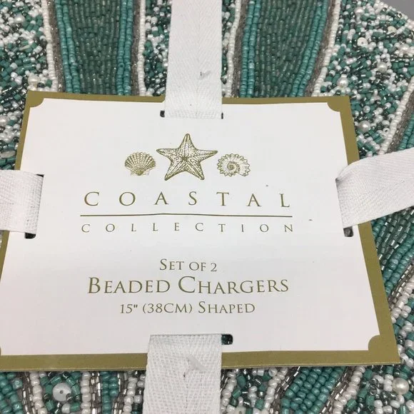x4 Coastal Collection Beaded Seashell Placemat Set Ocean Beach Turquoise Silver